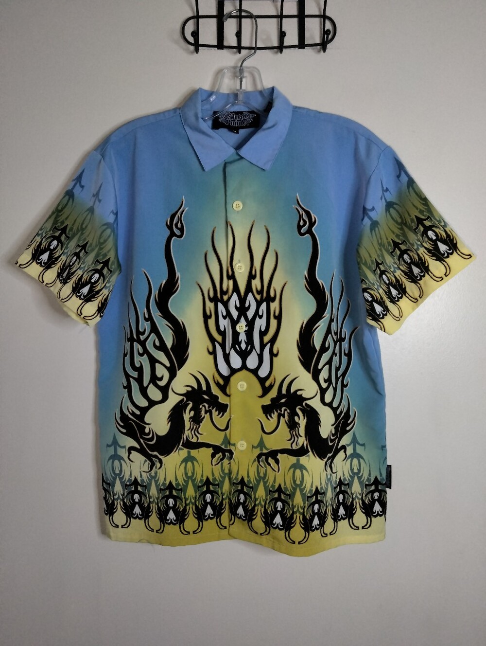 Silverpoint (Size M) Men's Blue & Yellow Dragon Flame SS Button-Down Camp Shirt